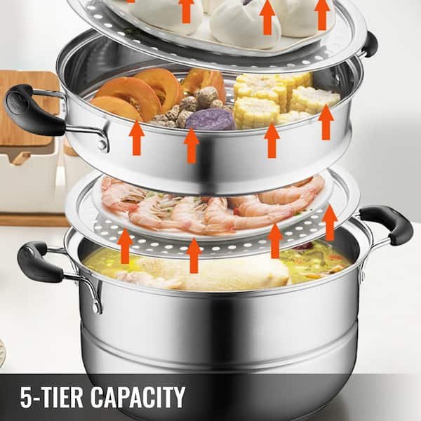 5-Tier Stainless Steel Steamer Dia-11 in. Multi-Layer Cookware Pot with Handles Work with Gas, Electric, Grill Stove Top
