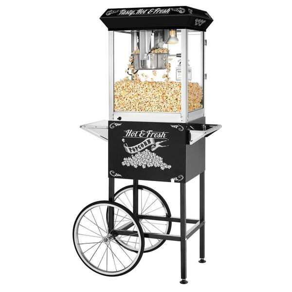8 oz. Hot and Fresh Black Popcorn Machine with Stainless-Steel Kettle, Heated Warming Deck and Cart