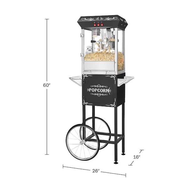 850-Watt 8 oz. Black Popcorn Machine with Cart with Kettle, Heated Warming Deck, and Old Maids Drawer