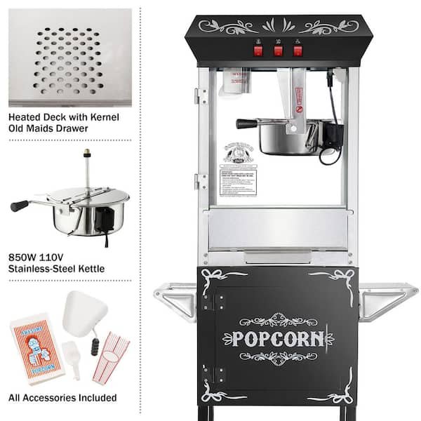 850-Watt 8 oz. Black Popcorn Machine with Cart with Kettle, Heated Warming Deck, and Old Maids Drawer