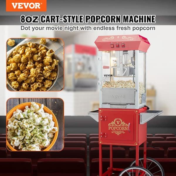 850-Watt 8 oz. Red Popcorn Maker on Wheels Kettle Commercial Popcorn Machine with 3-Switch Control