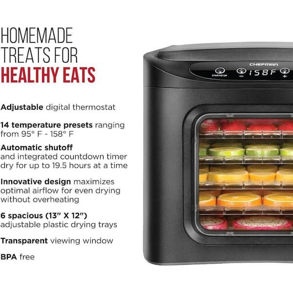 Black Food Dehydrator Machine, Touch Screen Electric Multi-Tier Preserver Meat Beef Jerky, Fruit Vegetable Dryer 6 Trays